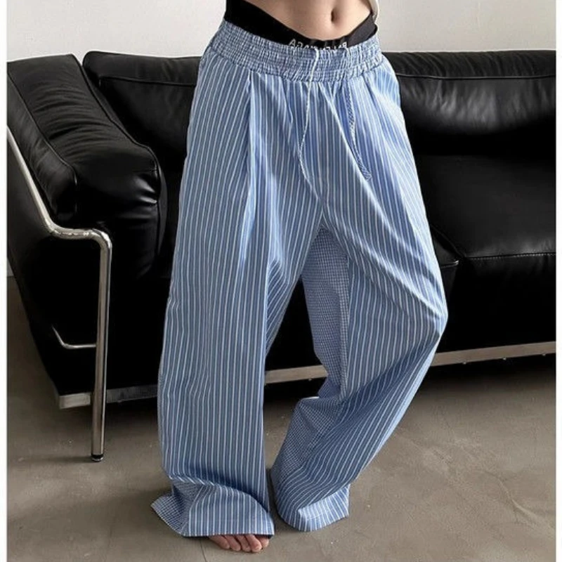 Koppelsbroeken Amerikaanse blauwe strepen Patchwork Geruite broek met wijde pijpen Huiskleding Bovenkleding Huidvriendelijk Veelzijdig Los