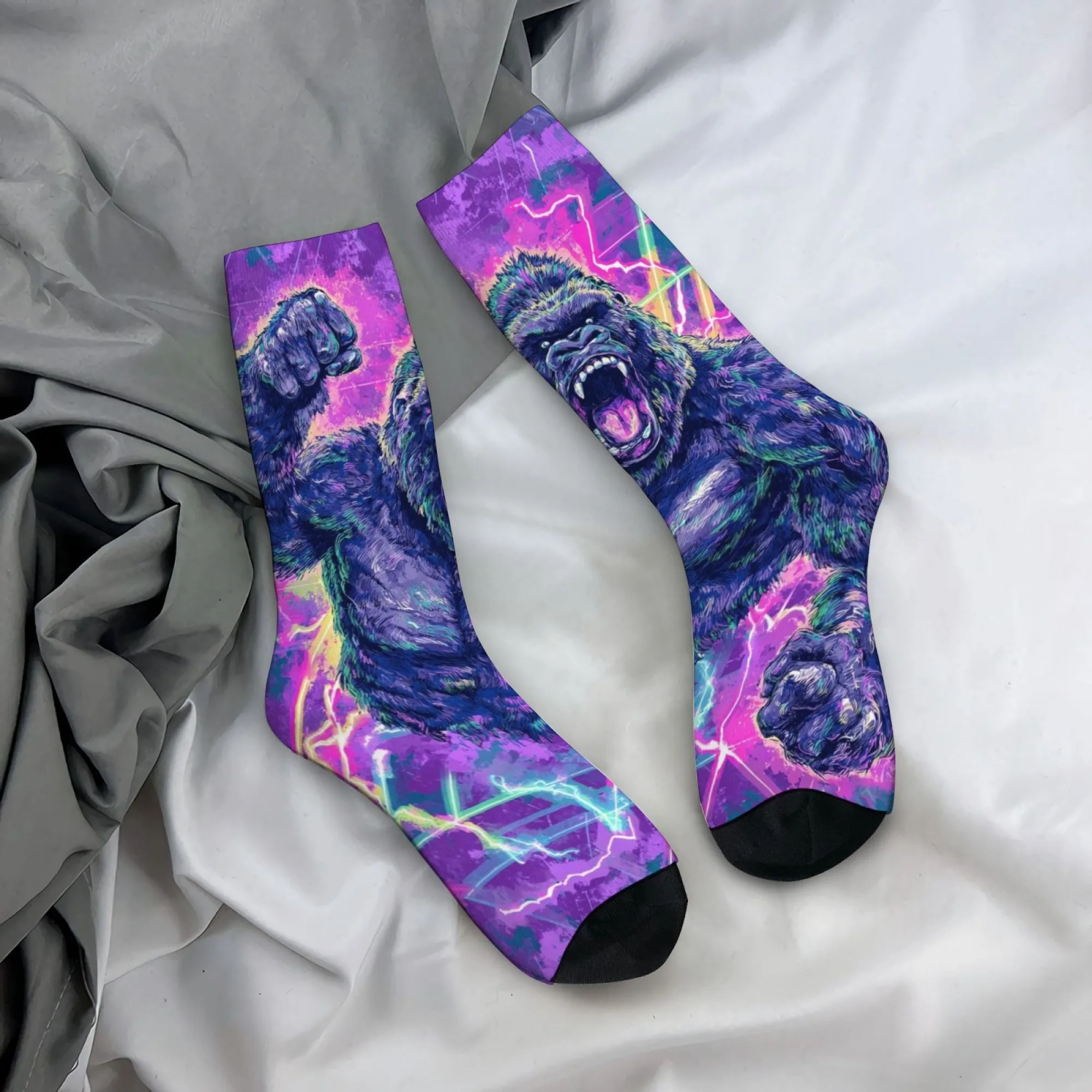 Neon Lightning Angry Gorilla Street Hip-Hop-Socken, bequeme, atmungsaktive, lässige, modische Herrensocken, neuartige, lustige Crew-Socken