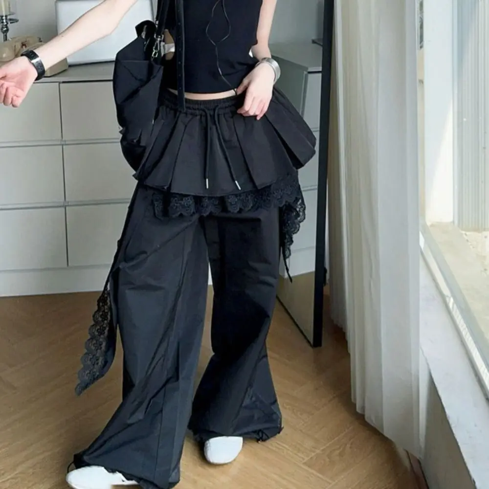 Sweet Young Women Lace Patchwork Pants High Waist Baggy Lace Tiered Skirt Pants Casual Drawstring Wide Leg Trousers Girls
