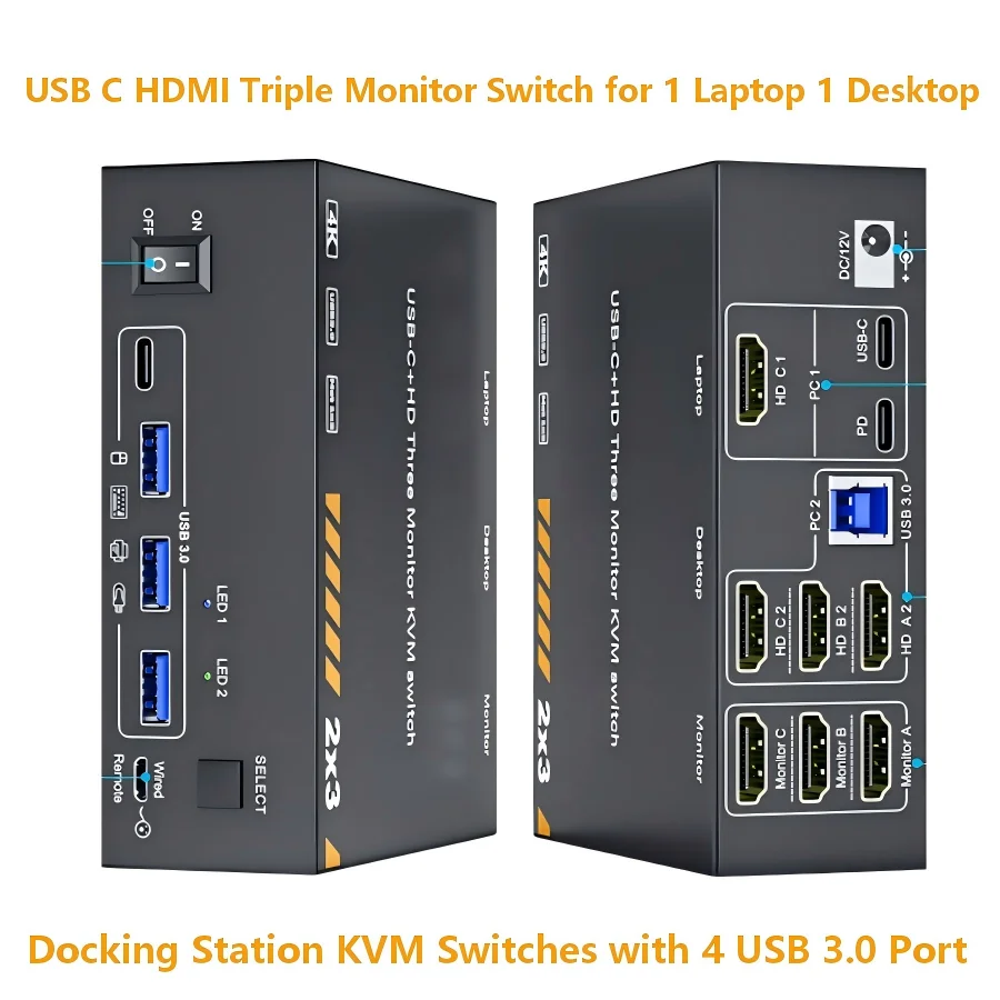 

USB C HDMI KVM Switch for 1 Desktop+1 Laptop,Dual /Triple Monitor KVM Switch Docking Station 4K@60Hz Support 87W/73W PD Charging