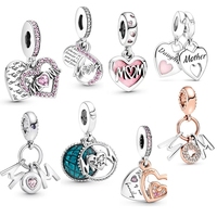 Hot Sale Mom Letters Heart Double Dangle Charm Bead Fit Original 925 Sterling Silver Pan Bracelet Fashion Jewelry Gift For Women