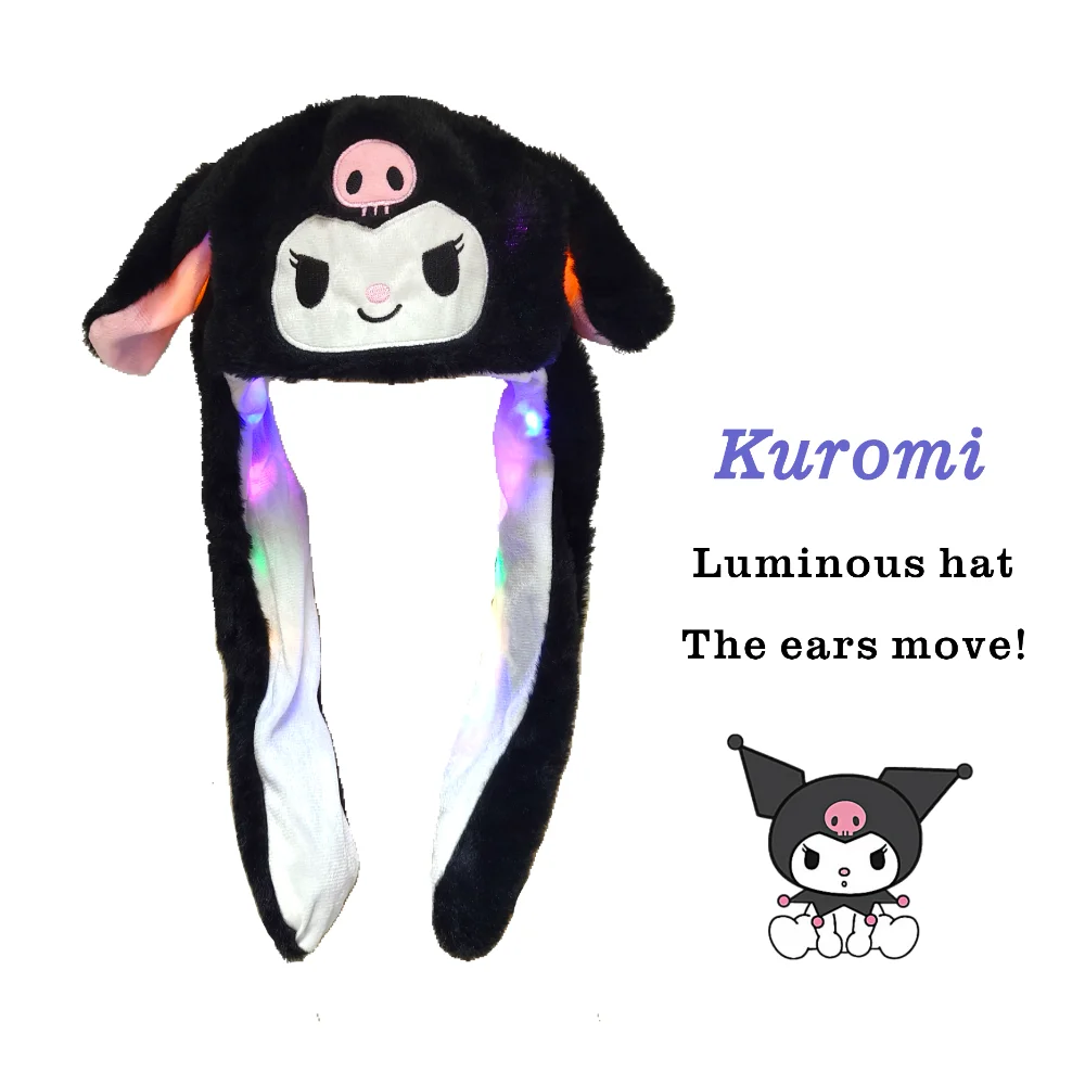 Miniso Kawaii Kuromi Hello Kitty Hareketli Kulak Aydınlık Şapka Komik Sevimli Kabartmak Dikiş LED Peluş Atlama Şapka Karikatür Cosplay Prop