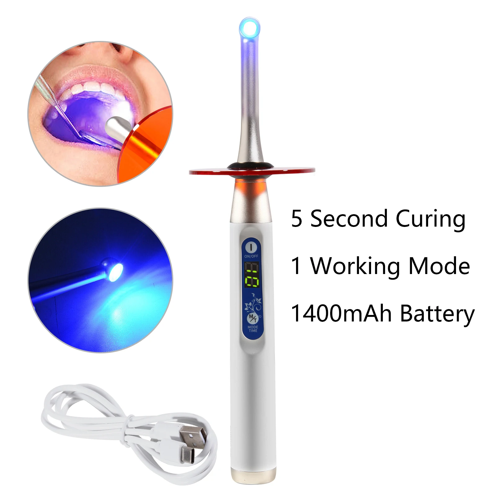 Dental Cordless LED Curing Light 3 Modes 1 Second Cure Light Lamp Metal Head