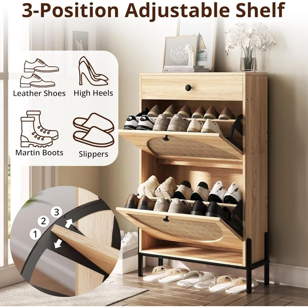 Shoe Cabinet with 2 Flip Drawers, Shoe Storage Cabinet for Entryway, Free Standing Shoe Storage Organizer with Rattan Doors Sli