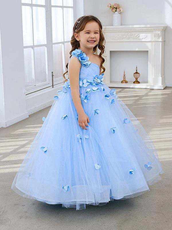 Customized Sky Blue Dress for Girls Flower Girl Dresses Florals One Shoulder Tulle Formal Party Princess Kids' Gowns