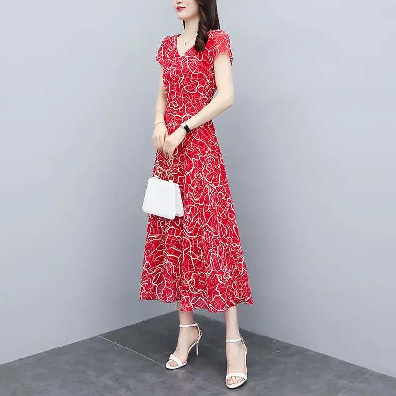 2023 Summer New Commuter Women's Short Sleeve V-Neck Fashion Trend Casual Simple Printing Elegant Versatile Mid length Dress