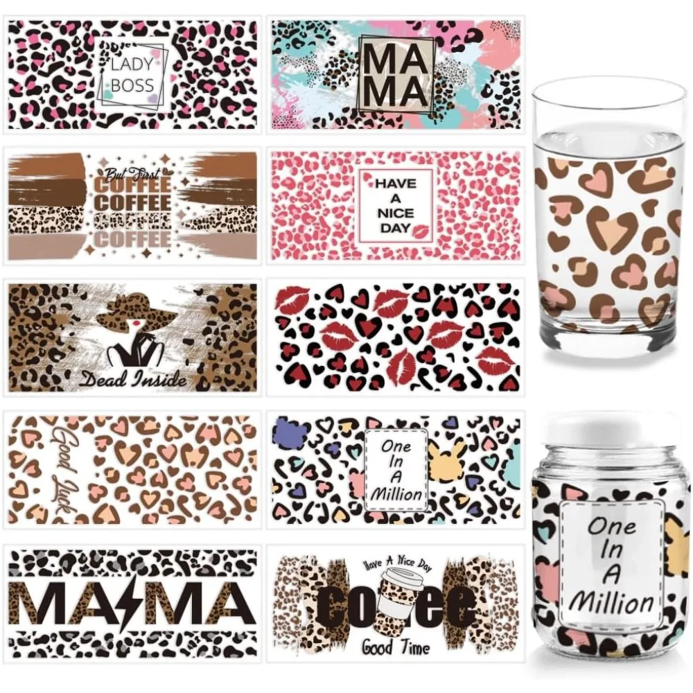 10 Pcs 10 Styles Cup Wrap Transfer Sticker, PVC Glass Cup Transfer Paper Leopard Print Rub on Transfers UV DTF Vintage Cup Wrap