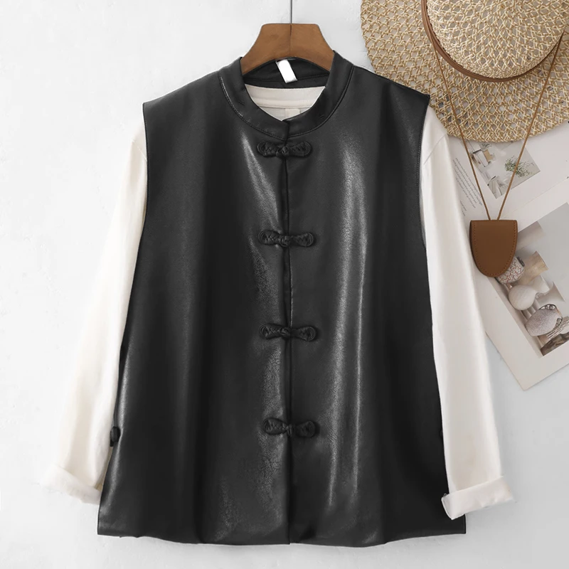 Black Short Sleeveless Leather Vest Women's Fashion Outerwear Autumn Layering Top Unique Design No-Bust Pad Regular Thickness