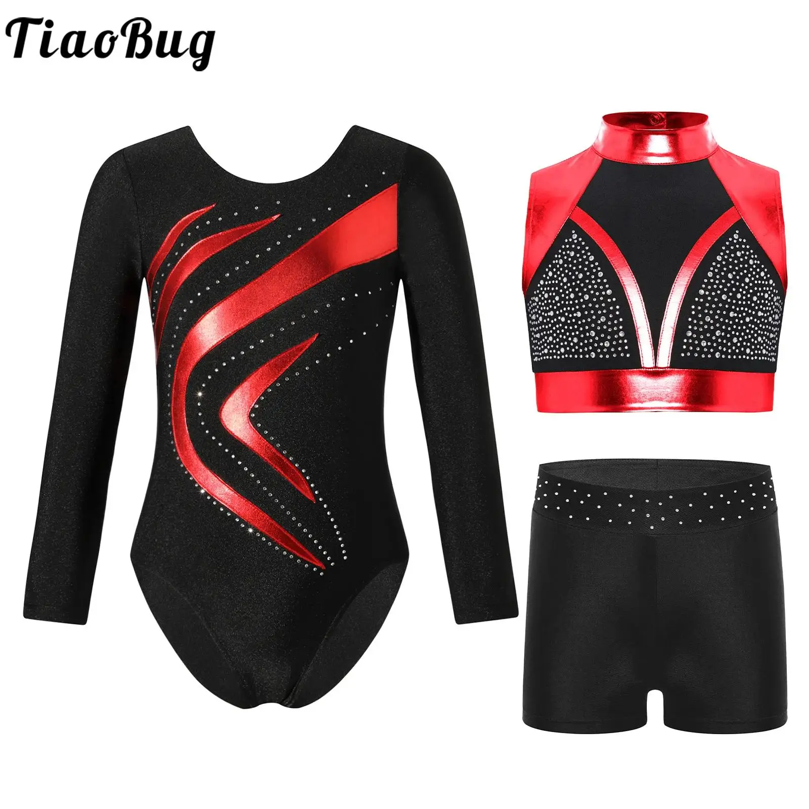 

Kids Girls Artistic Gymnastics Leotard Outfit Long Sleeve Tights Bodysuit+ Metallic Crop Top +Shorts Skating Jersey Jumpsuit Set