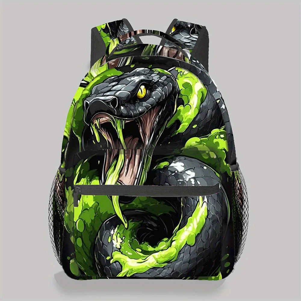 Black Green Snake Print Backpack Cool Viper Cobra Design Daypack Lightweight Casual School Bag for Reptile Fans