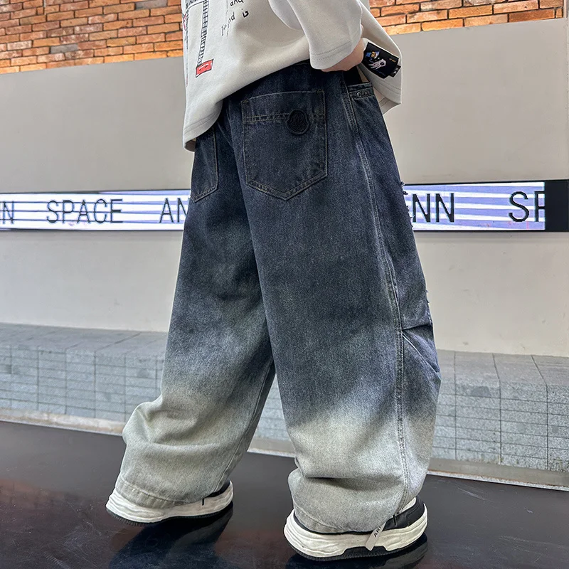 Vintage blauwe kinderen baggy jeans voor jongen losse stijl gradiënt brede denim broek kind casual elastische hoge taille gescheurde jeans broek