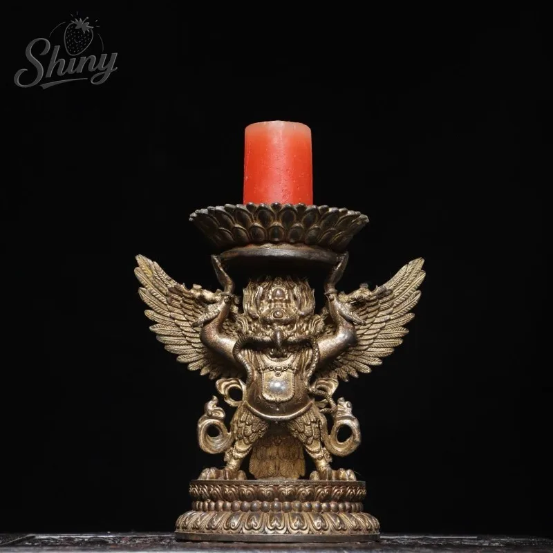 Antique Tibetan Buddhism Golden-winged Dapeng Statue Lotus Candle Holder Buddhist Shrine Sculpture Ornaments Buddhist Supplies