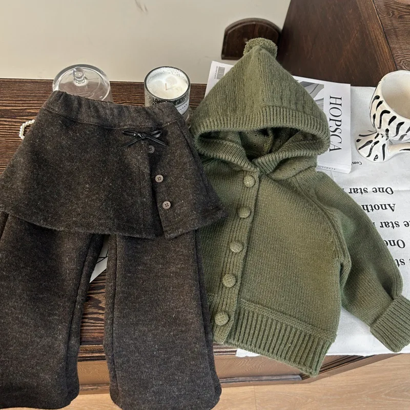 Korean Children's Clothing 2025 New Winter Girls Hooded Knitted Sweater Cardigan Fart Curtain Fleece Leggings Two-piece Set