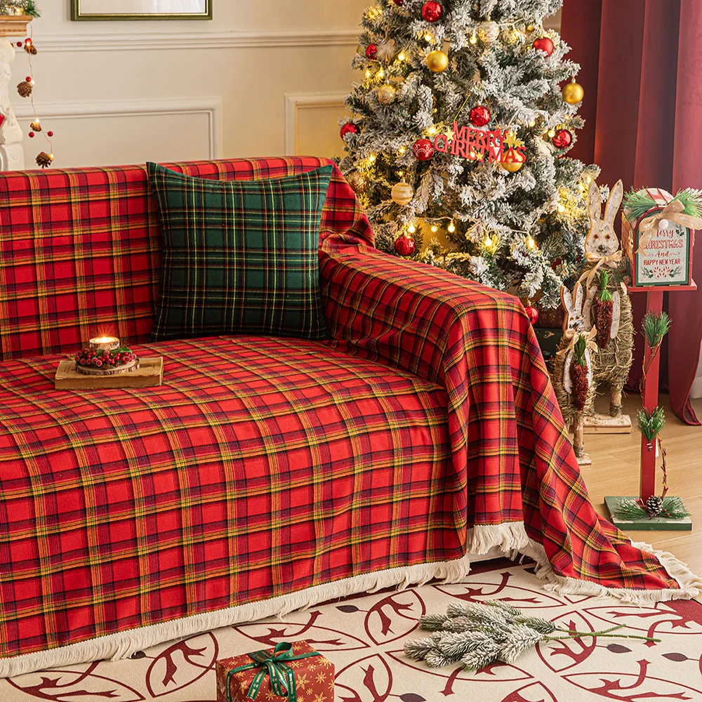 Christmas Plaid Red Sofa Towel Throw, American Retro Multi-Purpose Blanket Non-Slip Full Cover Hotel Sofa Cover Protector Cover