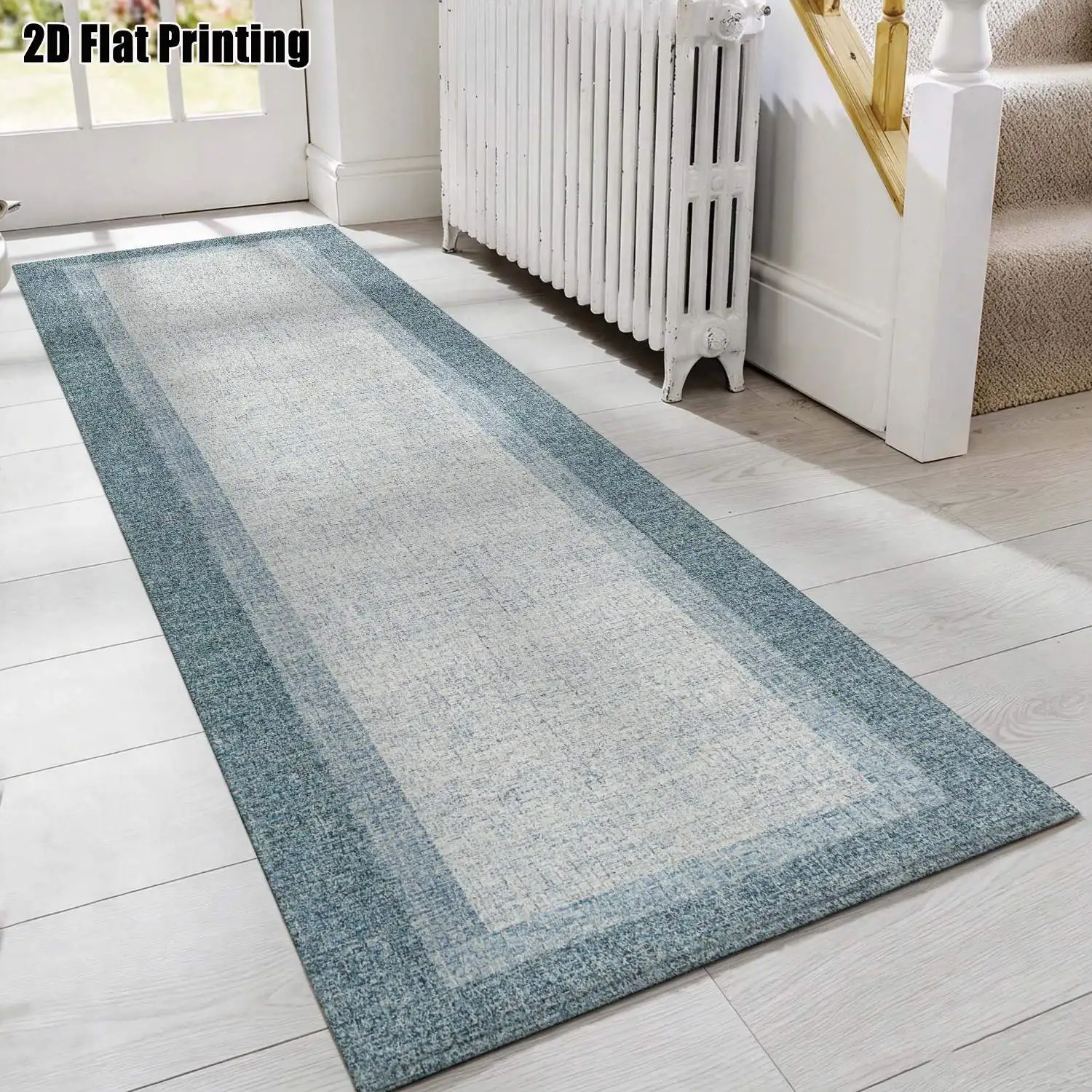 1Pc 2D Printed Blue-Grey Geometric Strip Track Carpet Nordic/Instagram/Modern Minimalist Style, Machine Washable, Multi-Size, Ideal for Entryway, Hallway, Living Room, Bedroom Home Decor.