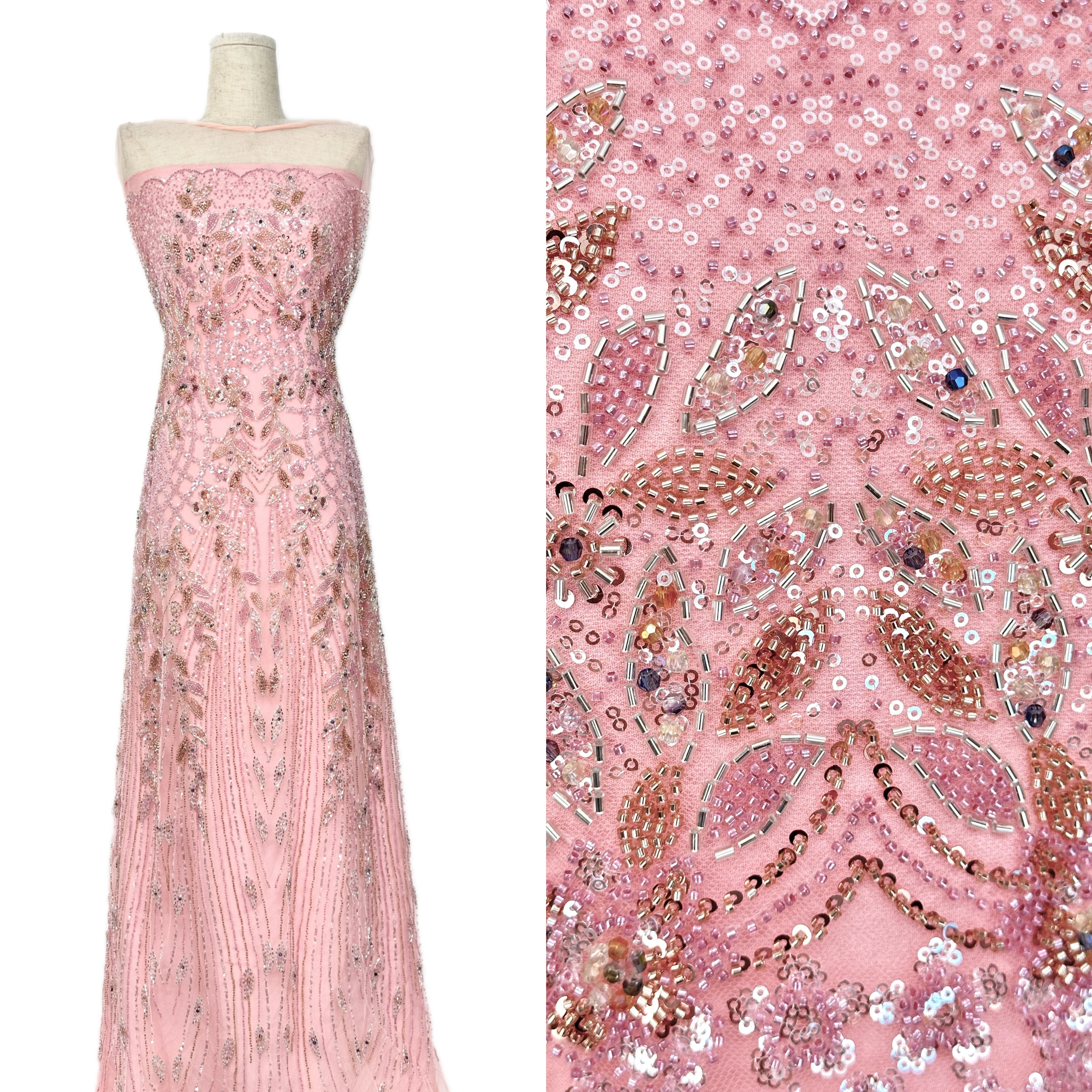 Luxury Pink European Style Bridal Fabric with Beads Mesh Tulle Sequin Beads Lace Fabric for Wedding Gown Elegant French Lace