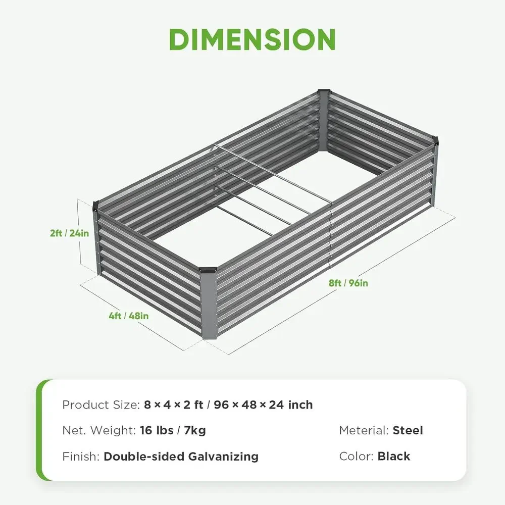Large Outdoor Galvanized Metal Raised Garden Bed, 8x4x2ft, Great for Vegetables, Fruits, Flowers, and Herbs, Easy Assembly, Prem