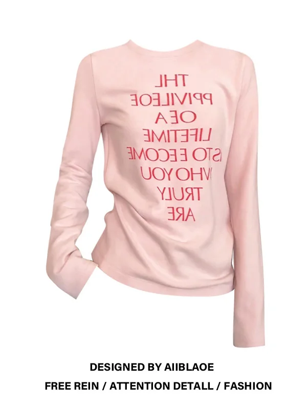 

Женская футболка с длинным рукавом и принтом в виде розовых букв, больших размеров, осенне-зимняя, модная, омолаживающая, универсальная, красивая базовая кофта-топ