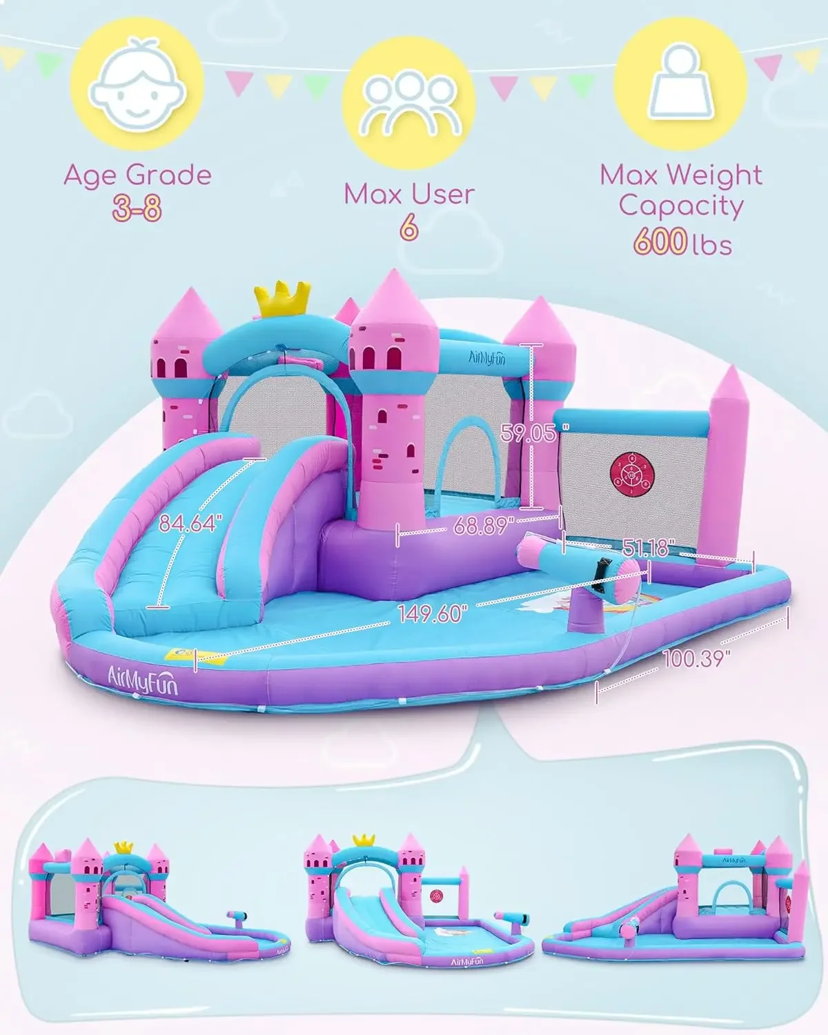 Pink Inflatable Waterslide, Water Bounce House for Big Kids 3-12 in The Backyard- Water Bouncy House for Wet and Dry, S