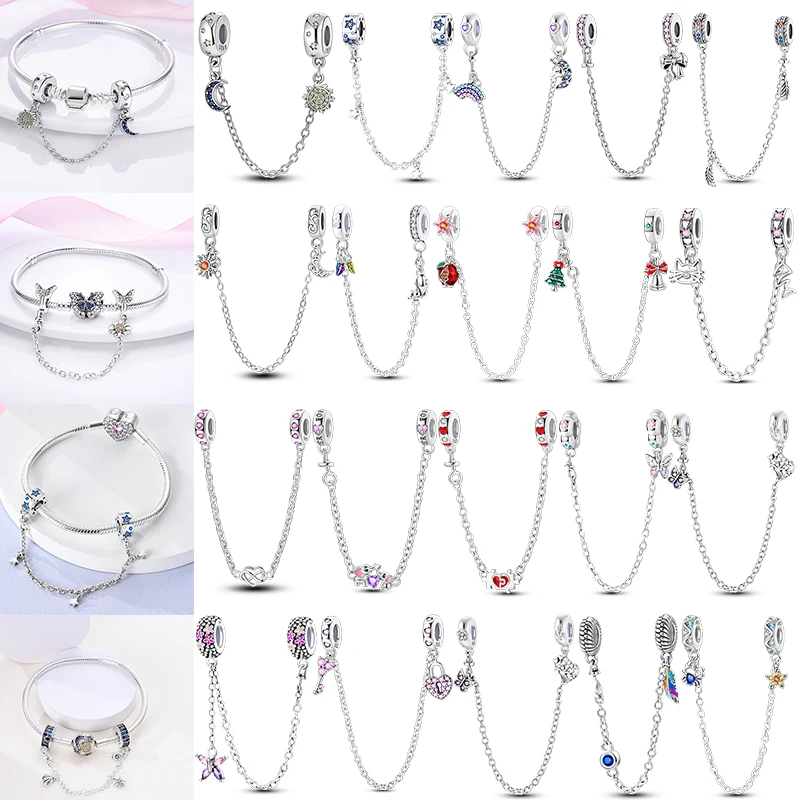 

925 Sterling Silver Women Bracelet with Charms Stars & Moon Sunflower Aircraft Earth Camera Daisy Silicone Fit Safety Chains