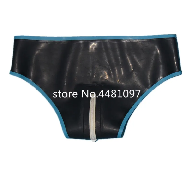 Handmade Women Latex Briefs Panties Rubber Shorts with Crotch Zippers Custom Made Black with Blue