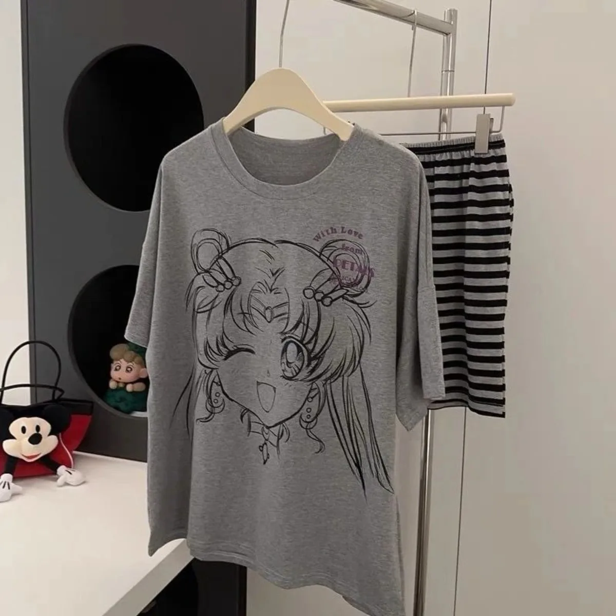 Sailor Moon 2025 nueva camiseta de gran tamaño Y2k pijamas japoneses verano algodón cuello redondo lindo dibujos animados rayas Casual Loungewear