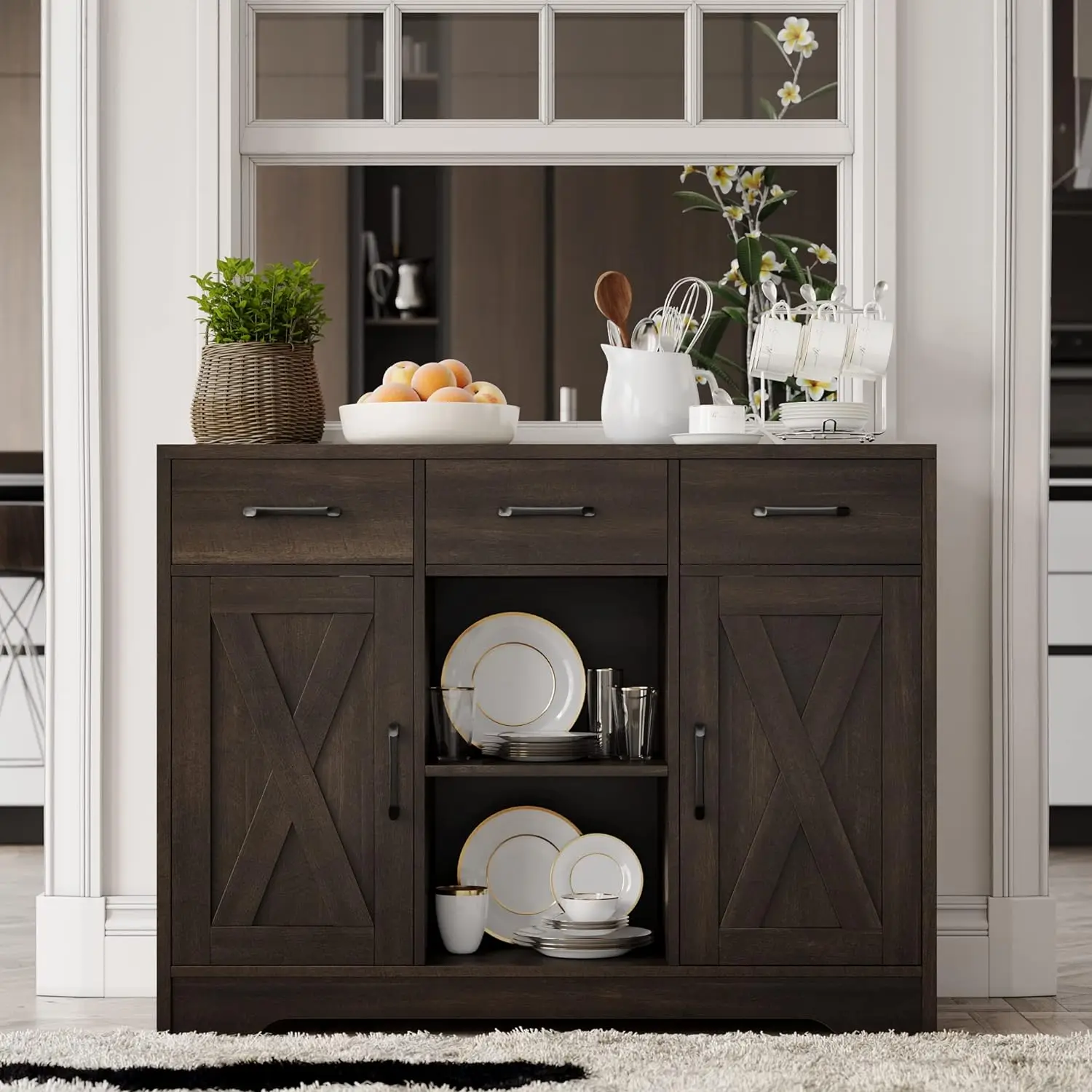 Modern Farmhouse Buffet Storage Cabinet with Barn Doors Sideboard with Drawers and Shelves