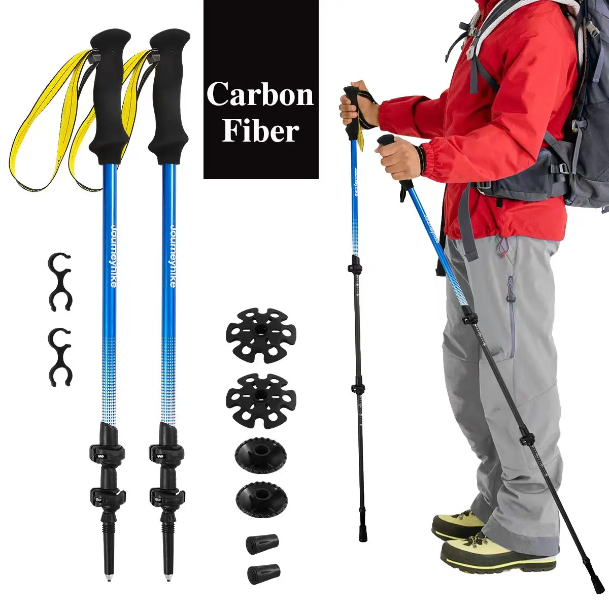 Yellow 3K Carbon Fiber Trekking Pole, Three-Section Telescopic Hiking Stick, Double-Pack Carbon Fiber Nordic Walking Stick