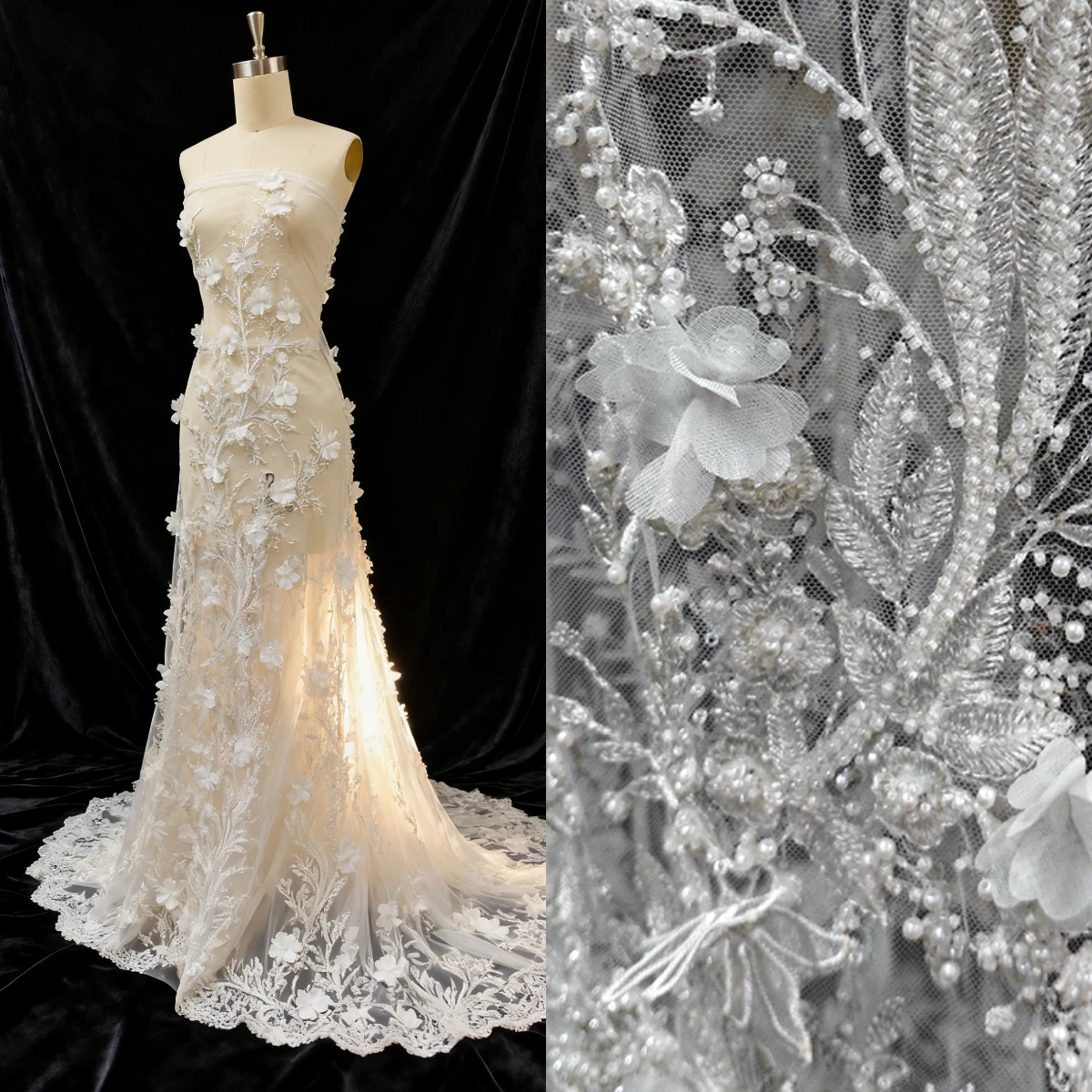 

White High-End 3D Embroidered Flower Beaded Lace Fabric for Wedding Gowns DIY Designer Apparel