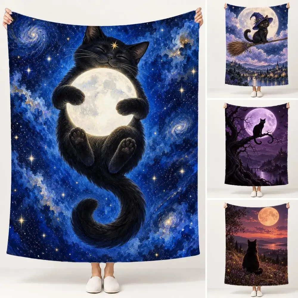 Horror Graphic Black Cat and Moon Throw Soft Plush Flannel Pet Blanket, Home Decor Cover for Sofa, Bed, Trip & Picnic