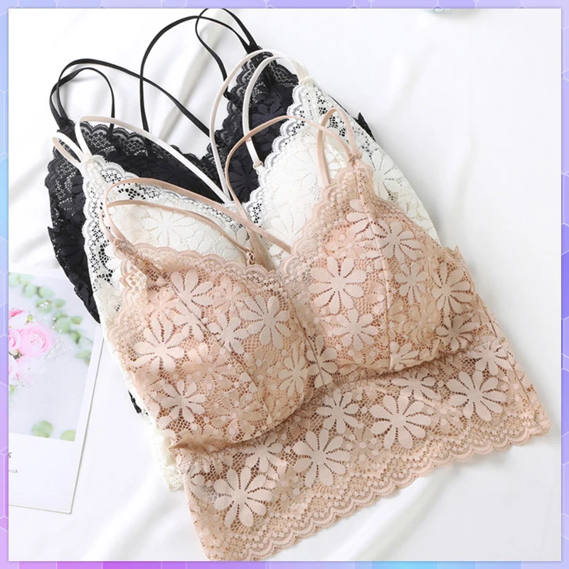 

Sexy Women's Lace Bras Crop Tank Top With Cups Seamless Bralette Solid Pad Basic Tube Tops Camisole Vest Wireless Bra Tanks