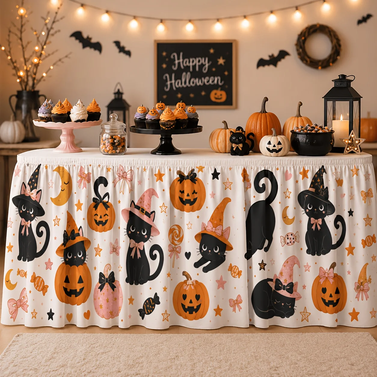 One tablecloth and table skirt, a cute pink Halloween table skirt, featuring a black witch and a pumpkin lantern.zyc