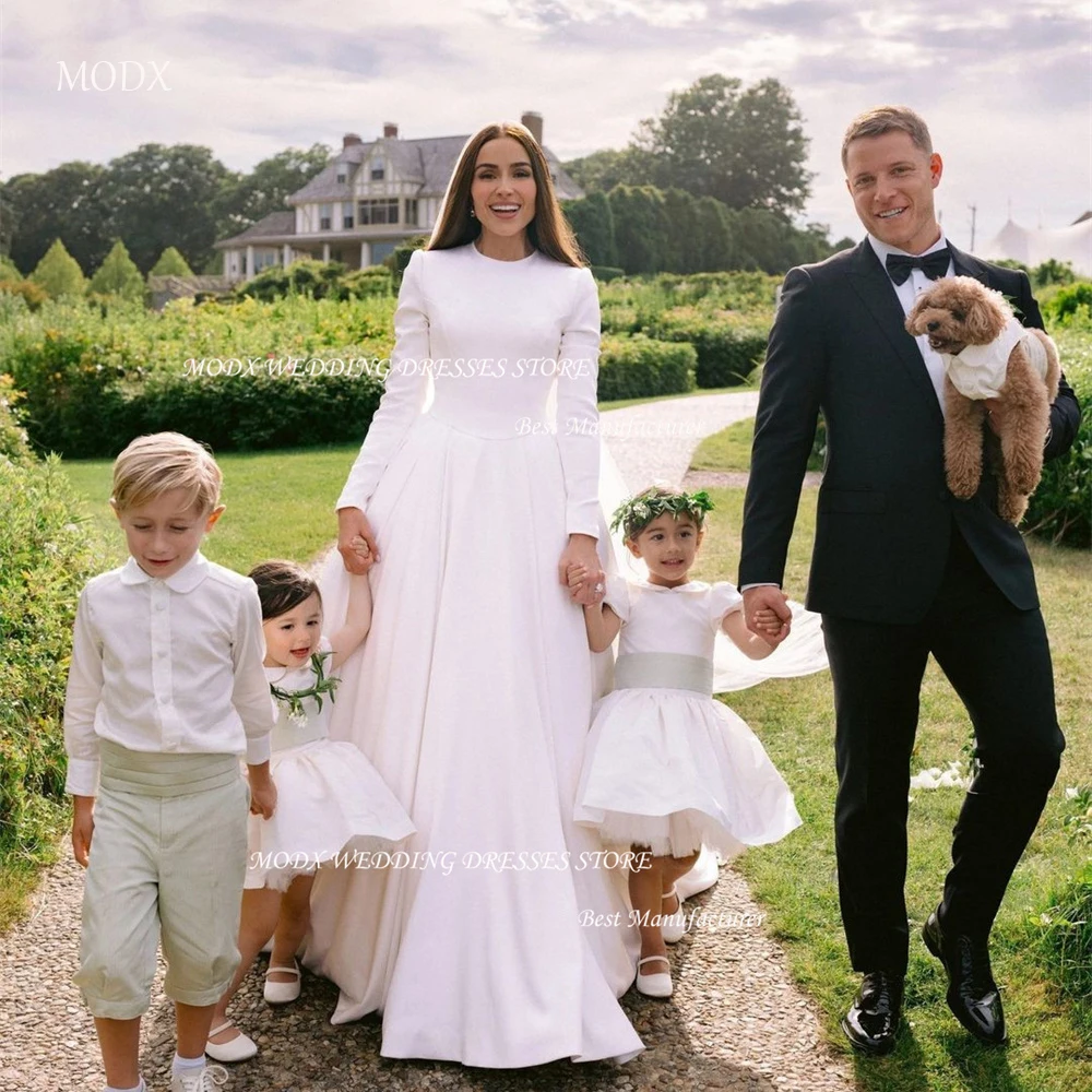 MODX Modest Satin A Line Wedding DressesPuff Long Sleeves O-Neck Floor Length Bridal Gowns Country Robe de mariage