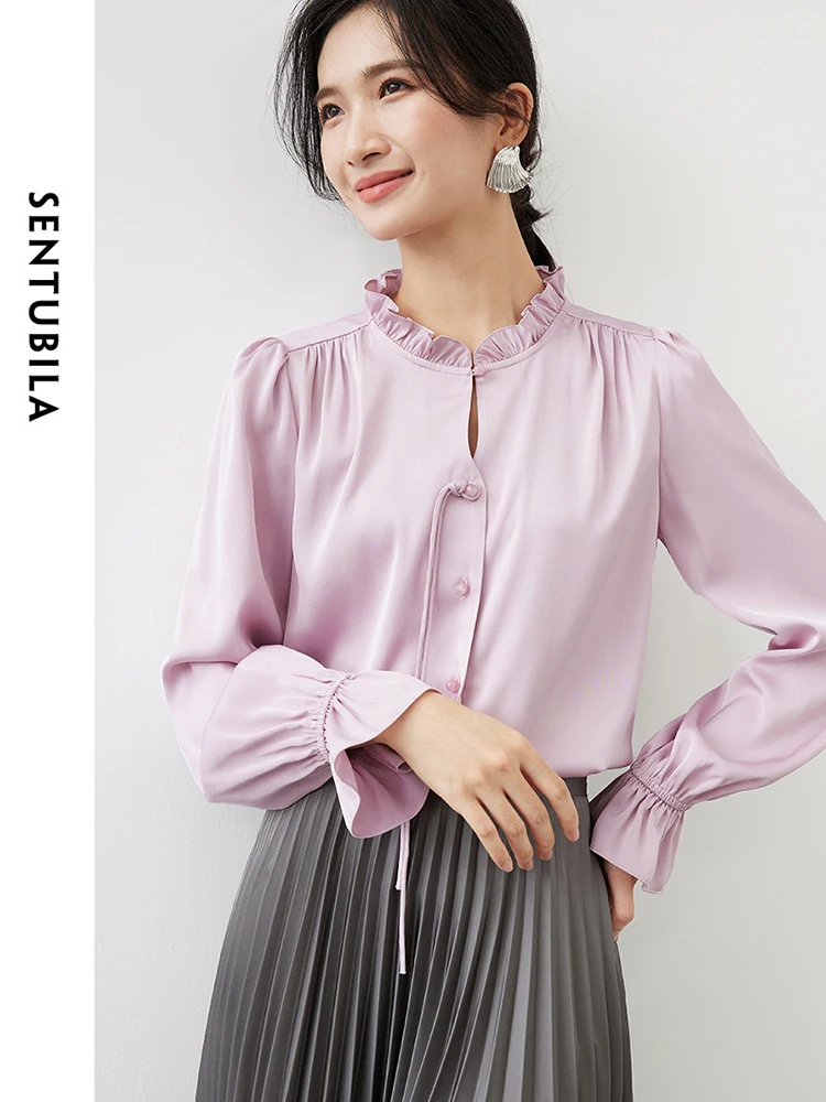 SENTUBILA Texture Satin Shirt for Women 2024 Autumn Straight Hollow Out Ruffled Neck Puff Sleeve Elegantly Women Top 143C55441