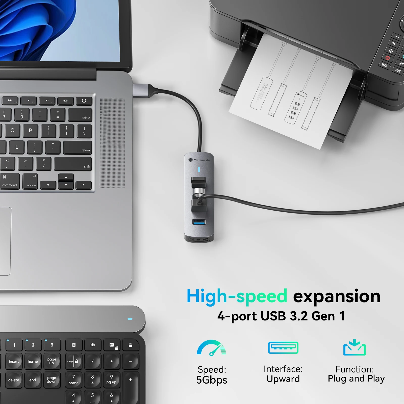 Yottamaster Type C HUB USB HUB 3.0 4-Port Splitter USB 3.0 5Gbps High Speed Expansion Dock Ultra-Slim OTG USB HUB Adapter for PC