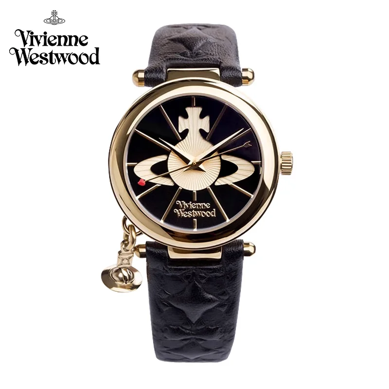 Vivienne Westwood Saturn Colgante Reloj de mujer con correa de cuero negro exquisito y moderno