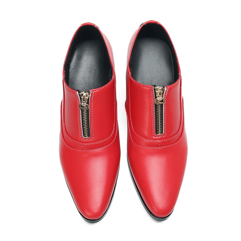Vintage Men Red Leather Pointed Toe Block Heel Loafers Front Zipper Slip On Dress Shoes For Party Wedding Formal Business Prom