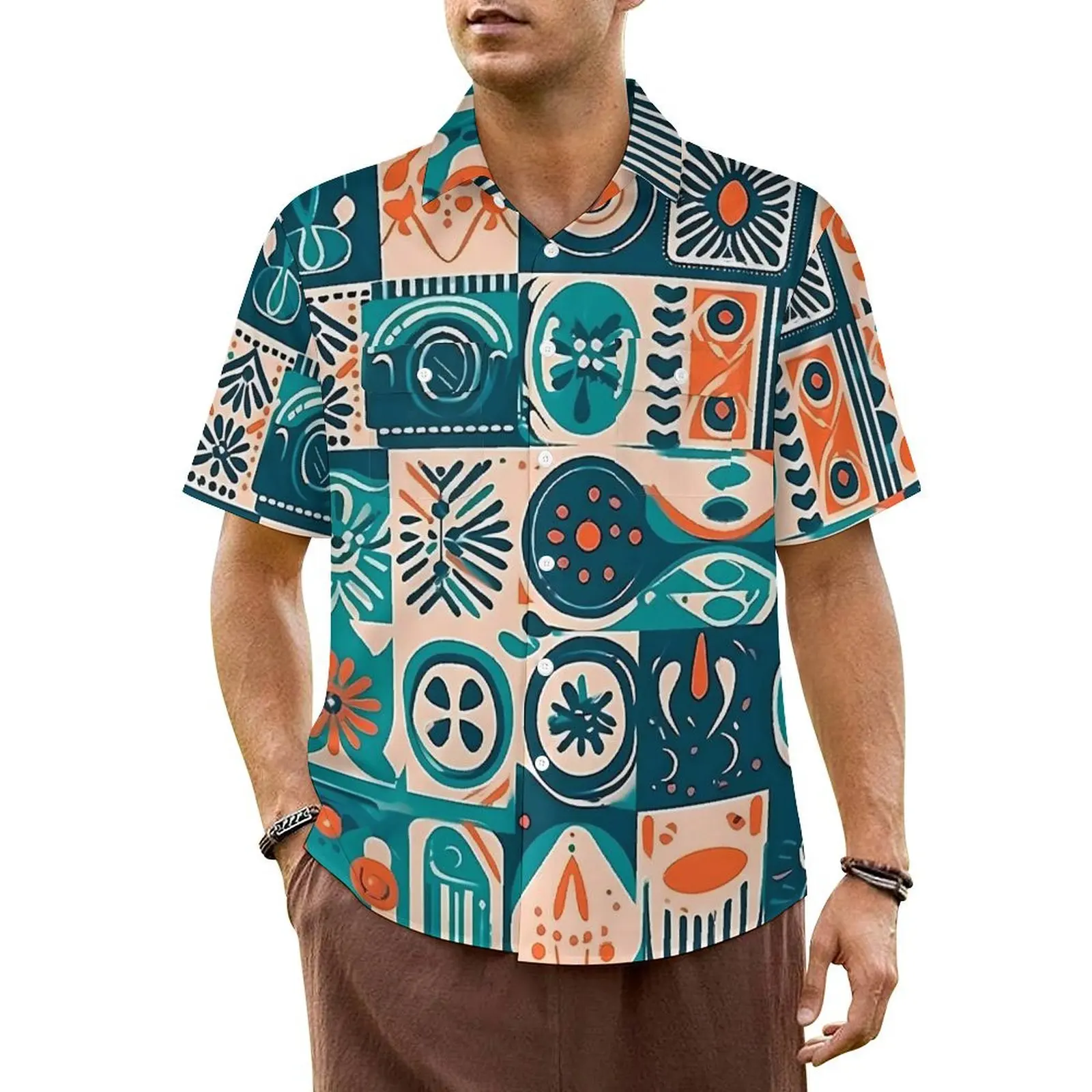 

Ethnic Tribal Icon Casual Shirt Patchwrok Print Vintage Hawaii Shirts Mens Short Sleeve Beach Y2K Fashion Oversized Blouses