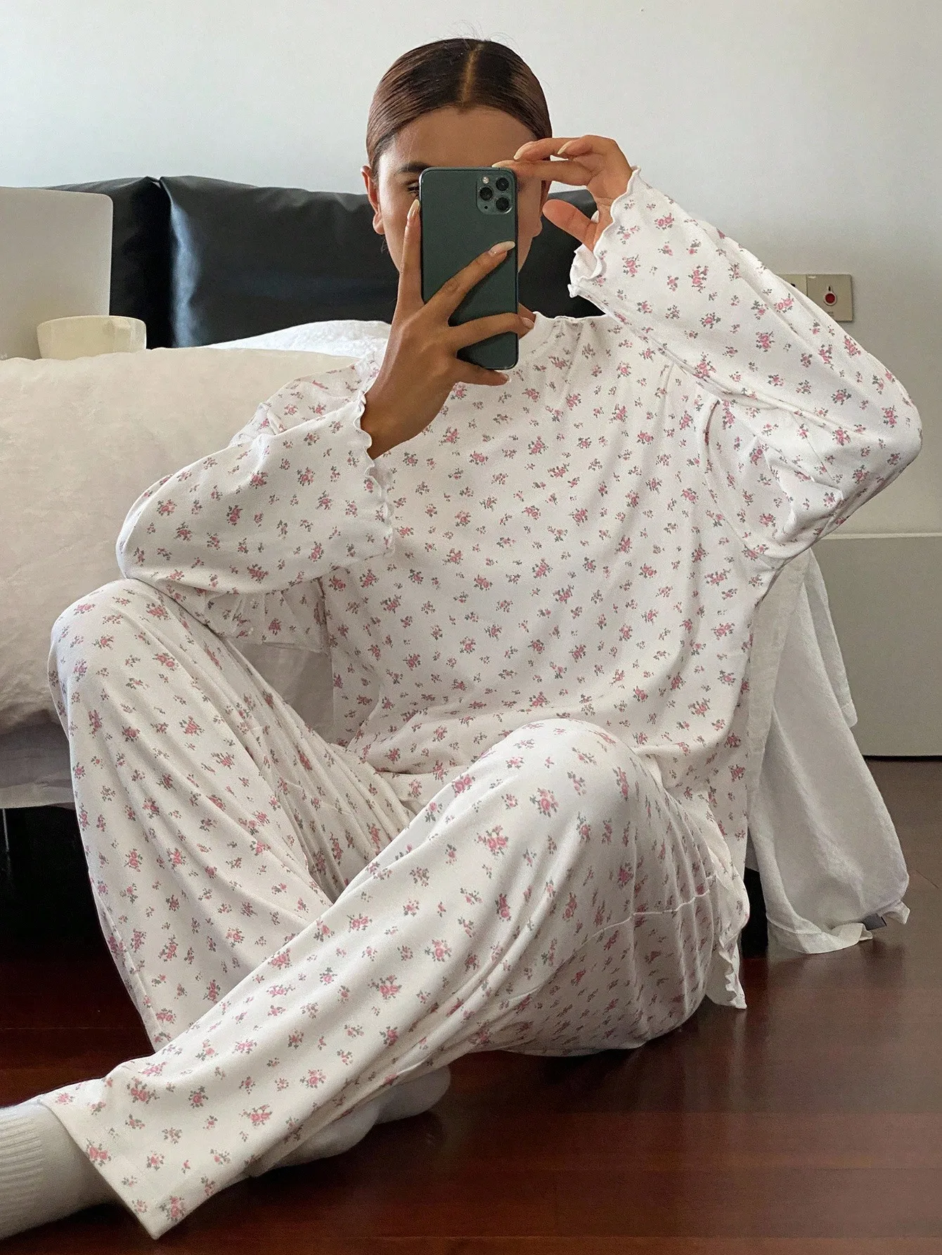 

Женский пижамный комплект Ditsy Floral свободного кроя, с длинными рукавами, для комфортного сна осенью и зимой