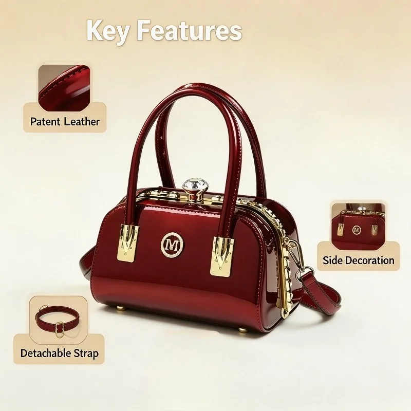 Women Glossy Patent Leather Do - Top Handle Patent Bag 评论和价格