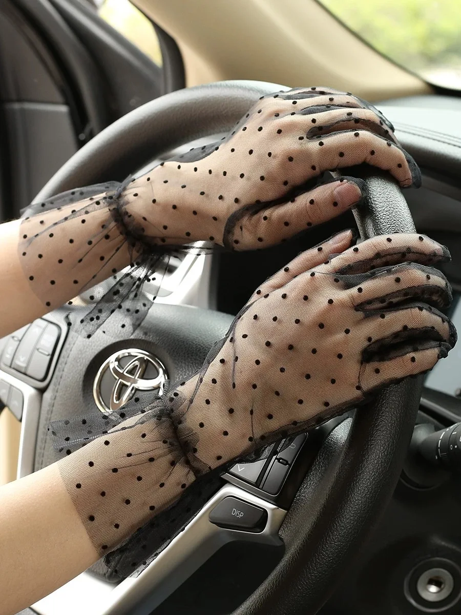 French Retro Polka Dot Mesh See-through Lace Gloves Women's Thin with Lace Wedding Dress Decoration Full Finger