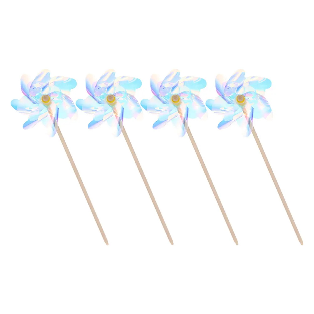 

4 Pcs Wood Rod Wind Spinner 18cm Colorful Reflective Pinwheel for Yard Garden Decor Bird Deterrent Lawn naments Gift