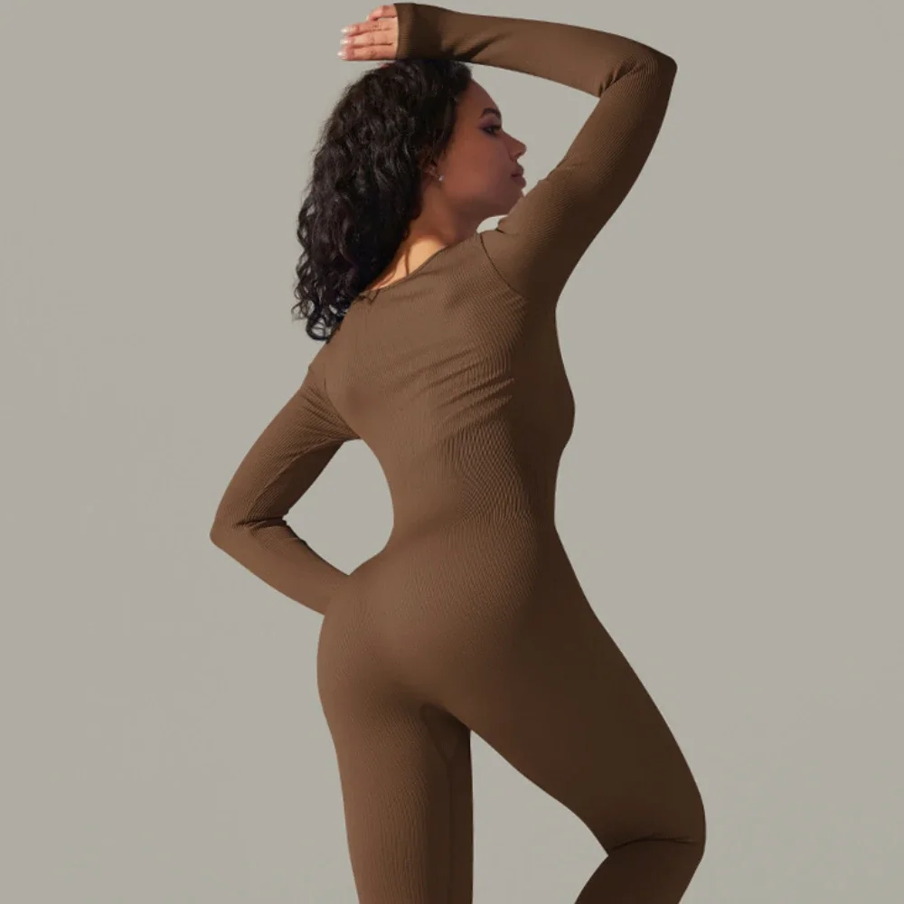 

Seamless Sporty Gym Jumpsuit Women Long Sleeve Workout Set Ribbed Bodysuit Yoga Suit Sports Overalls Active Wear Sportswear