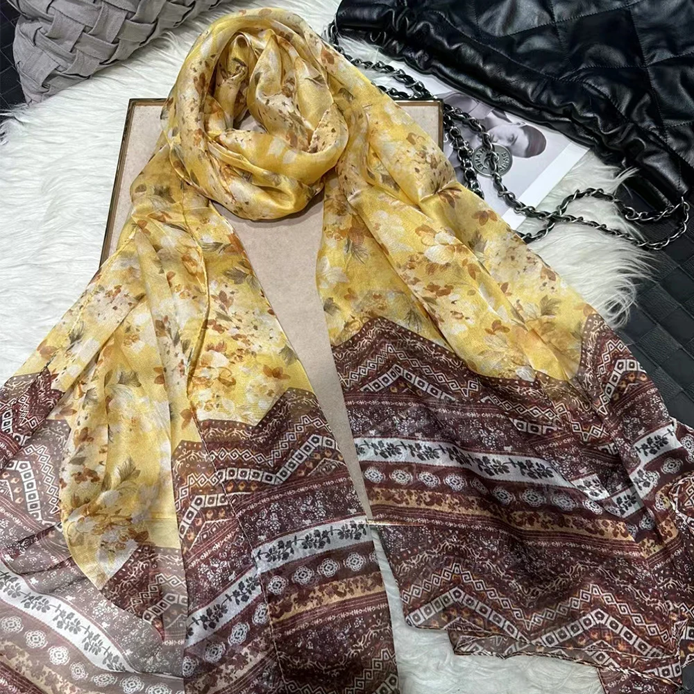 

Yellow Floral 100% Mulberry Silk Shawl Scarf Female Fashion Brand Long Scarves Wraps Women Summer Silk Chiffon Beach Scarf Cape