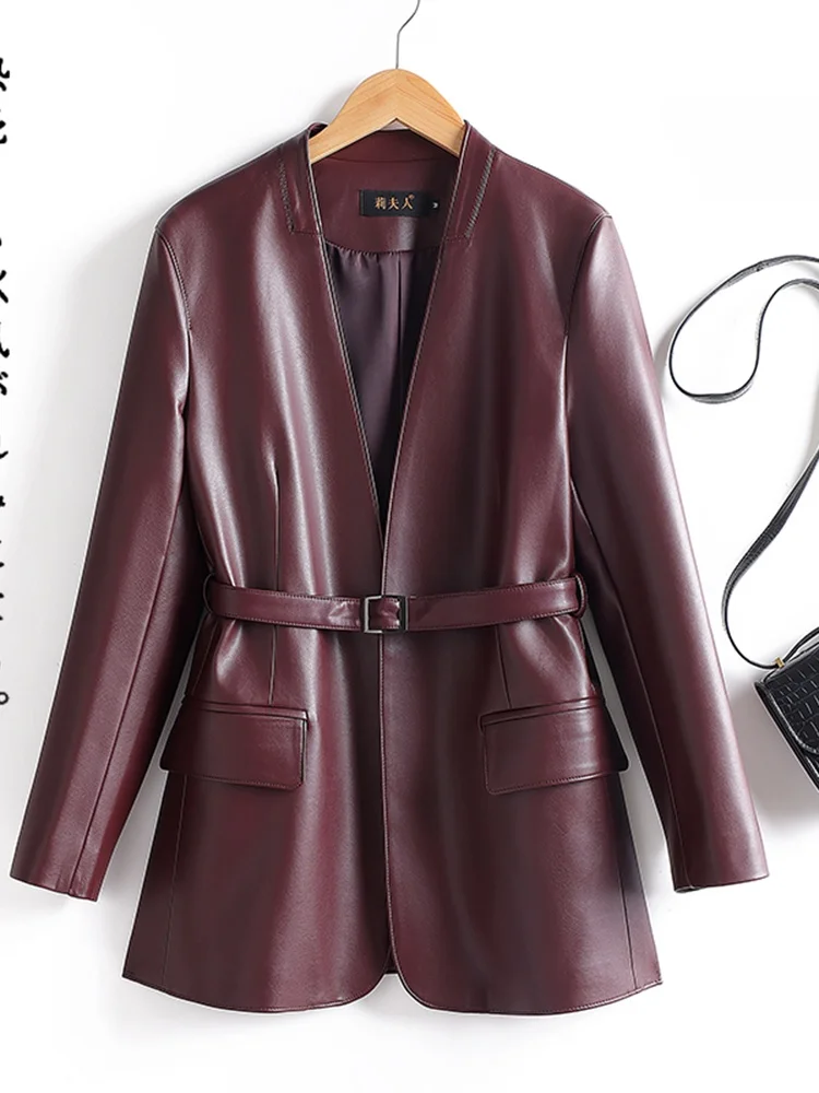 Nuovo Cappotto Donna Primaverile Autunnale in Pelle di Pecora a Mezza Lunghezza con Chiusura a Cerniera, Maniche Lunghe e Scollo a V, con Cintura in Vita