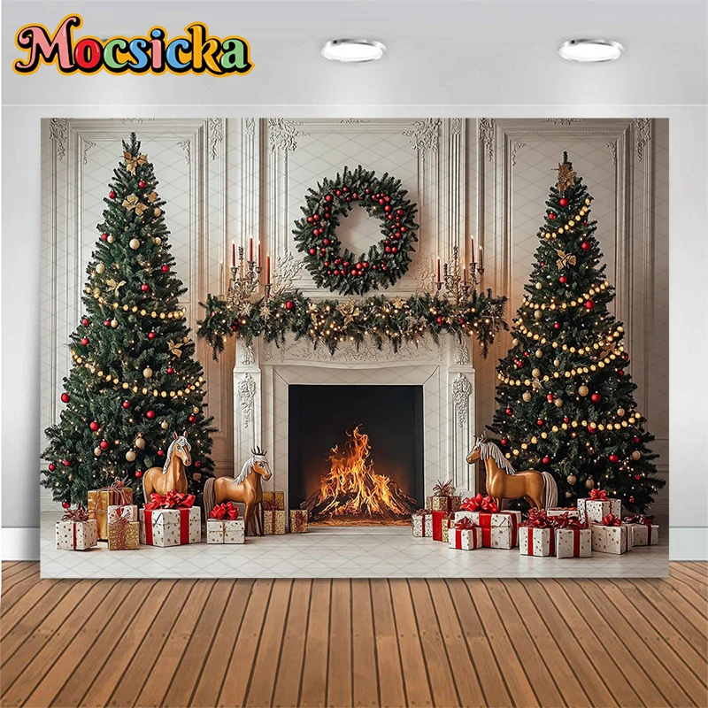 Mocsicka Christmas Tree Fireplace Backdrop Photography Soft Washable Photo Background White Wall Wreath Horse Decorations Banner