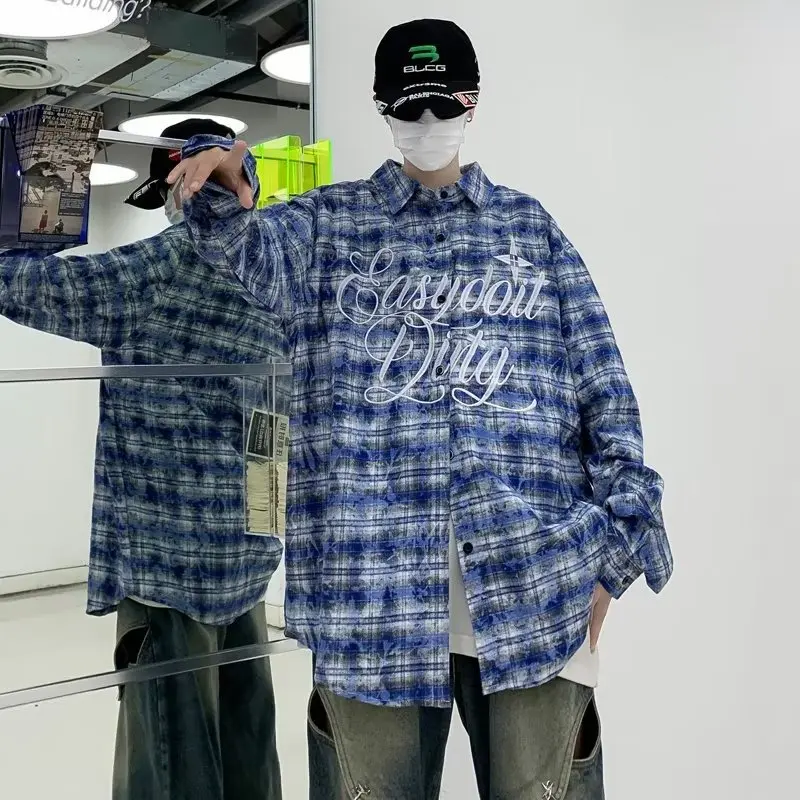 

Y2k American Vintage Letter Embroidery Plaid Shirt Spring Autumn Design Sense Niche Thin Men Women Oversize Casual Shirt Coat