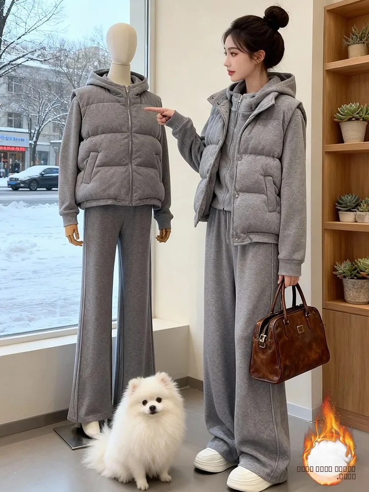 Faionable-Conjunto de ropa deportiva para mujer, pantalones de chándal con capucha, banda elástica de cintura alta, pieza de camiseta, fibra de poliéster cálida para invierno