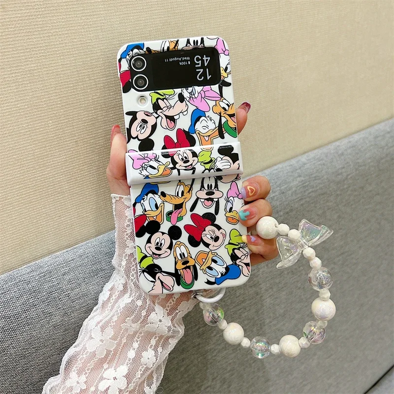 Cute Cartoon Disney Mickey Minnie Mouse Phone Case For Samsung Galaxy Z Flip 6 5 Hard Back Cover For Z Flip 3 4 With Lanyard