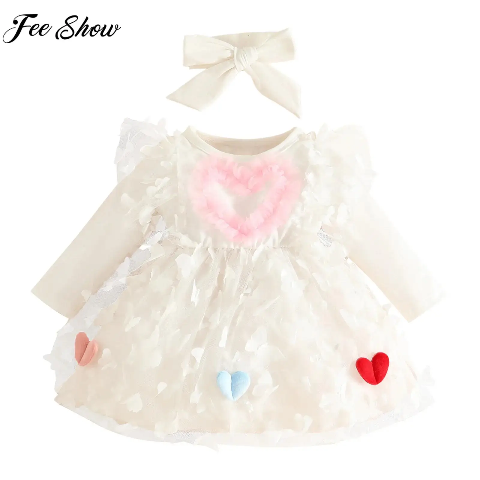 

Toddler Baby Girls Long Sleeve Heart Butterfly Tulle Princess Dress with Headband Wedding Birthday Party Valentines Day Costume